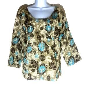 Y2K ABC Collection Plus 1X Crinkle Metallic Floral Blouse Aqua Mermaid Fairycore
